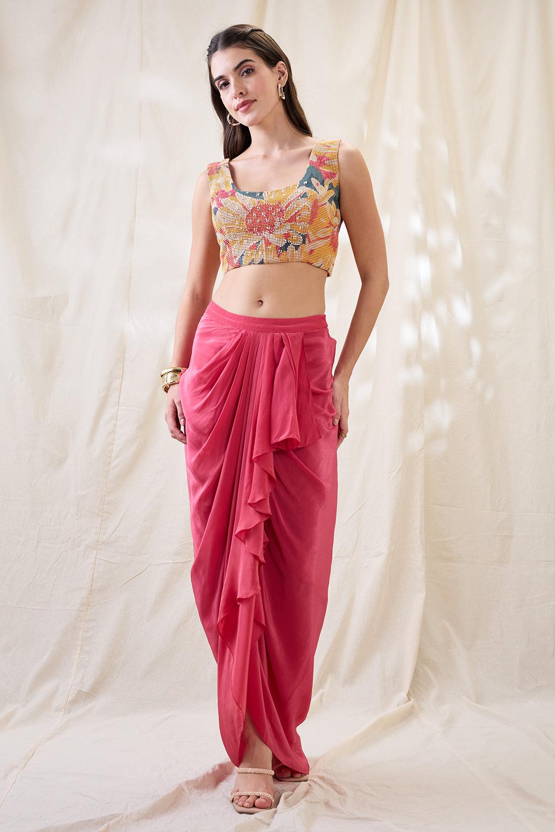 Ravya drape skirt set with embellished cape