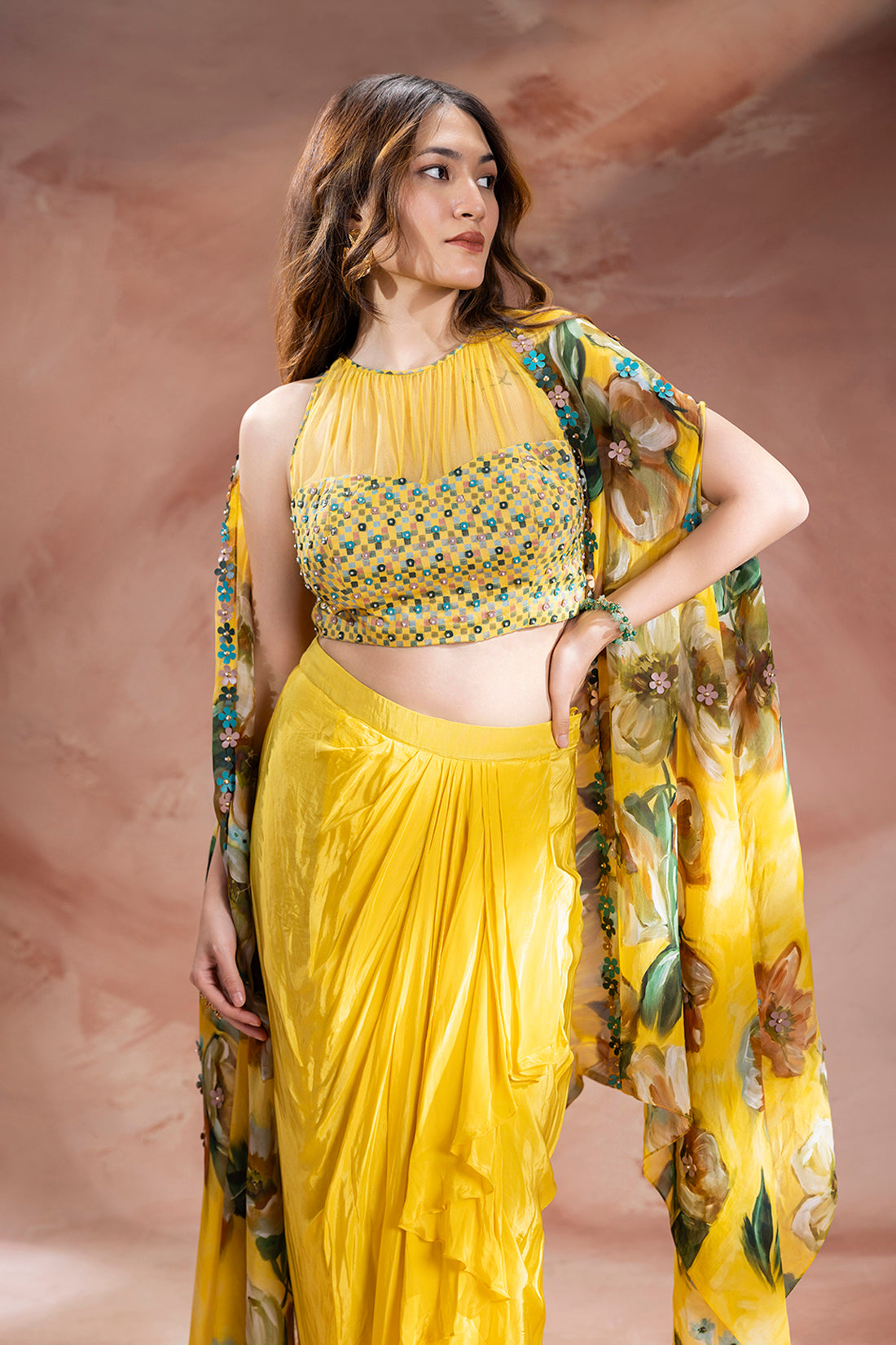 Zeya Embellished Drape Skirt Set With Cape