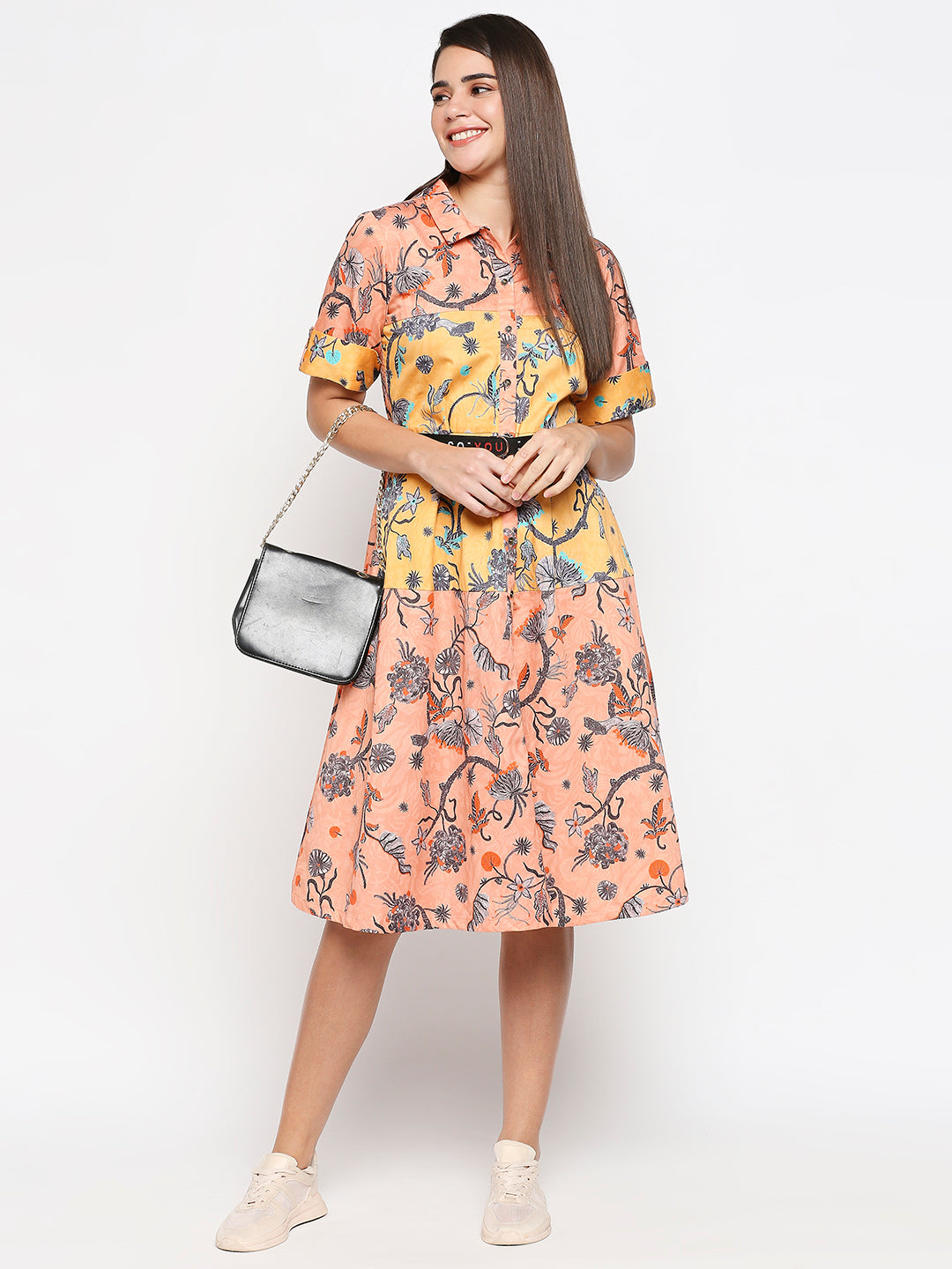 Floral Printed Cotton Twill Dress Paired With Detachable Belt