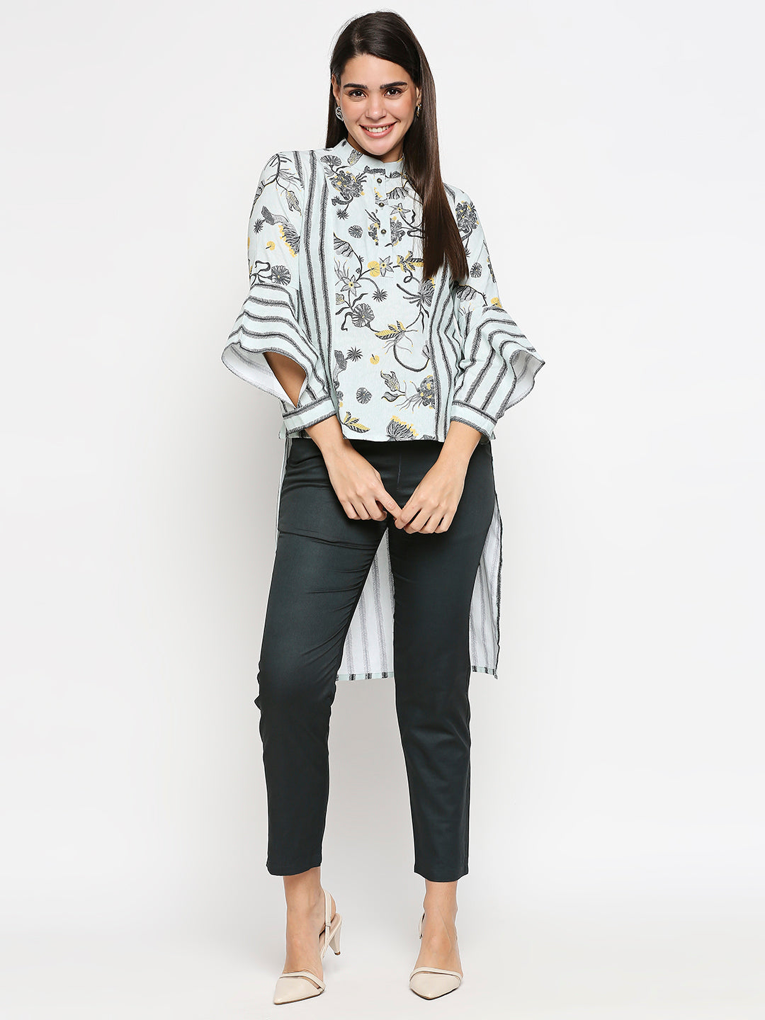 Floral Printed Cotton Twill Asymmetrical Top With Straight Pants