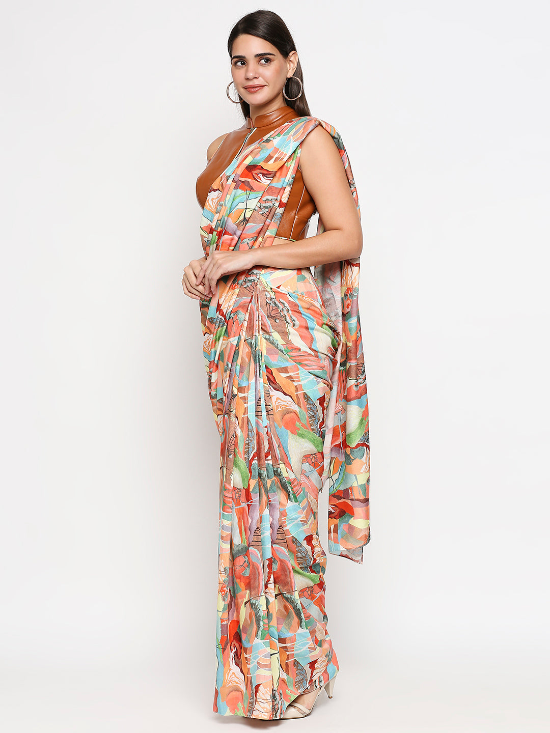 Jungle Printed Muslin Slub Saree Paired With Leather Blouse