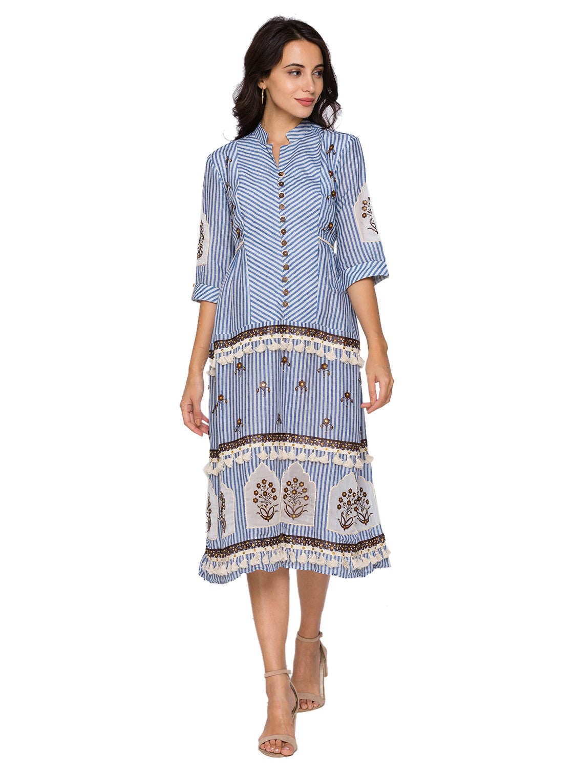 Sartorial Printed Short Tier Dress With Cutwork Leather Embroidery With Lace And Potli Buttons