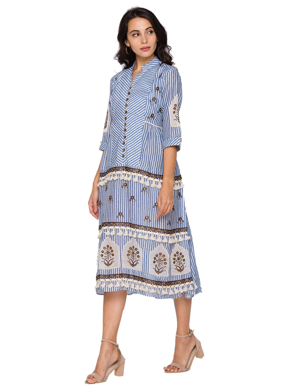 Sartorial Printed Short Tier Dress With Cutwork Leather Embroidery With Lace And Potli Buttons