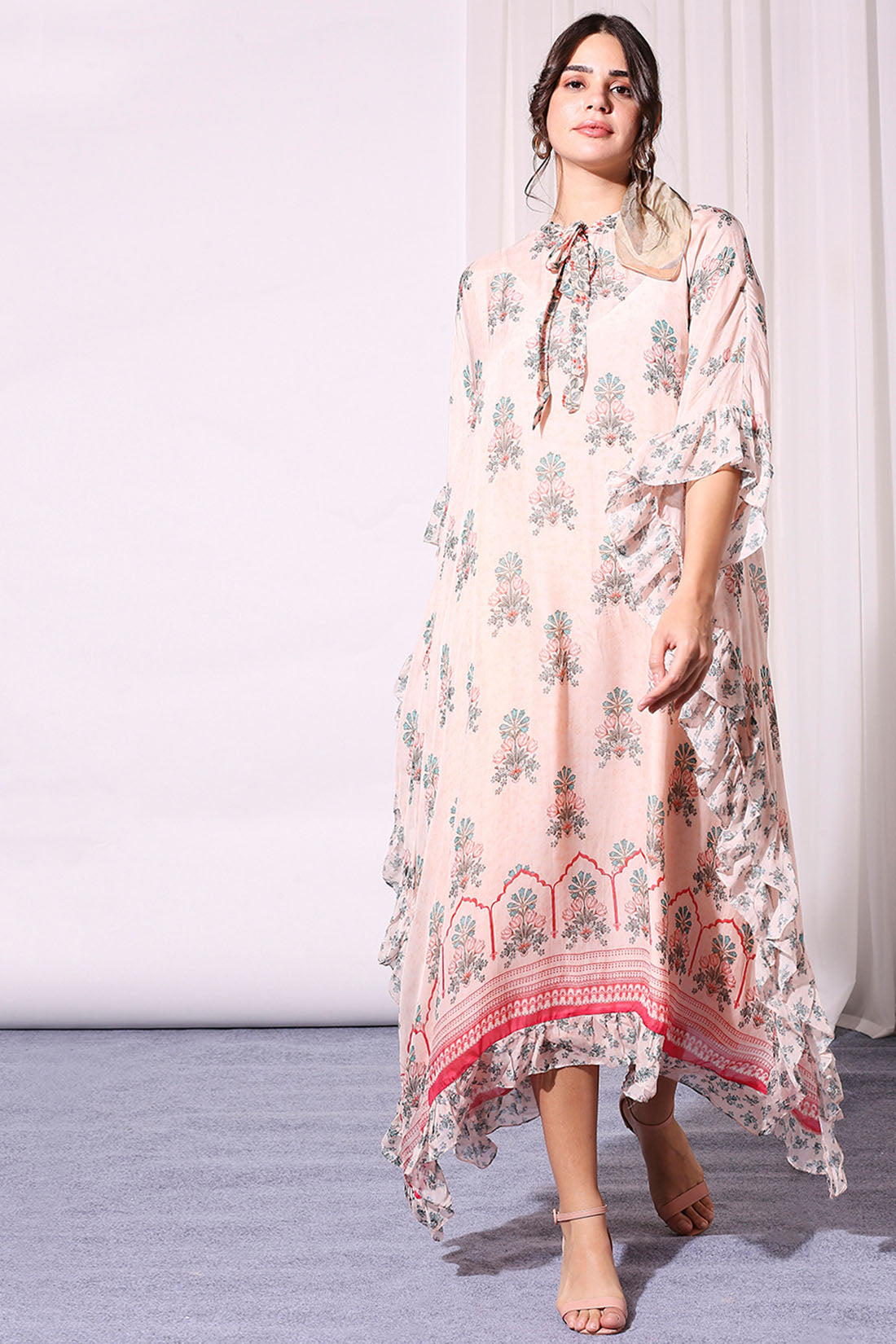 Floral Printed Kaftan With Ruffles And Neck Tie-Up