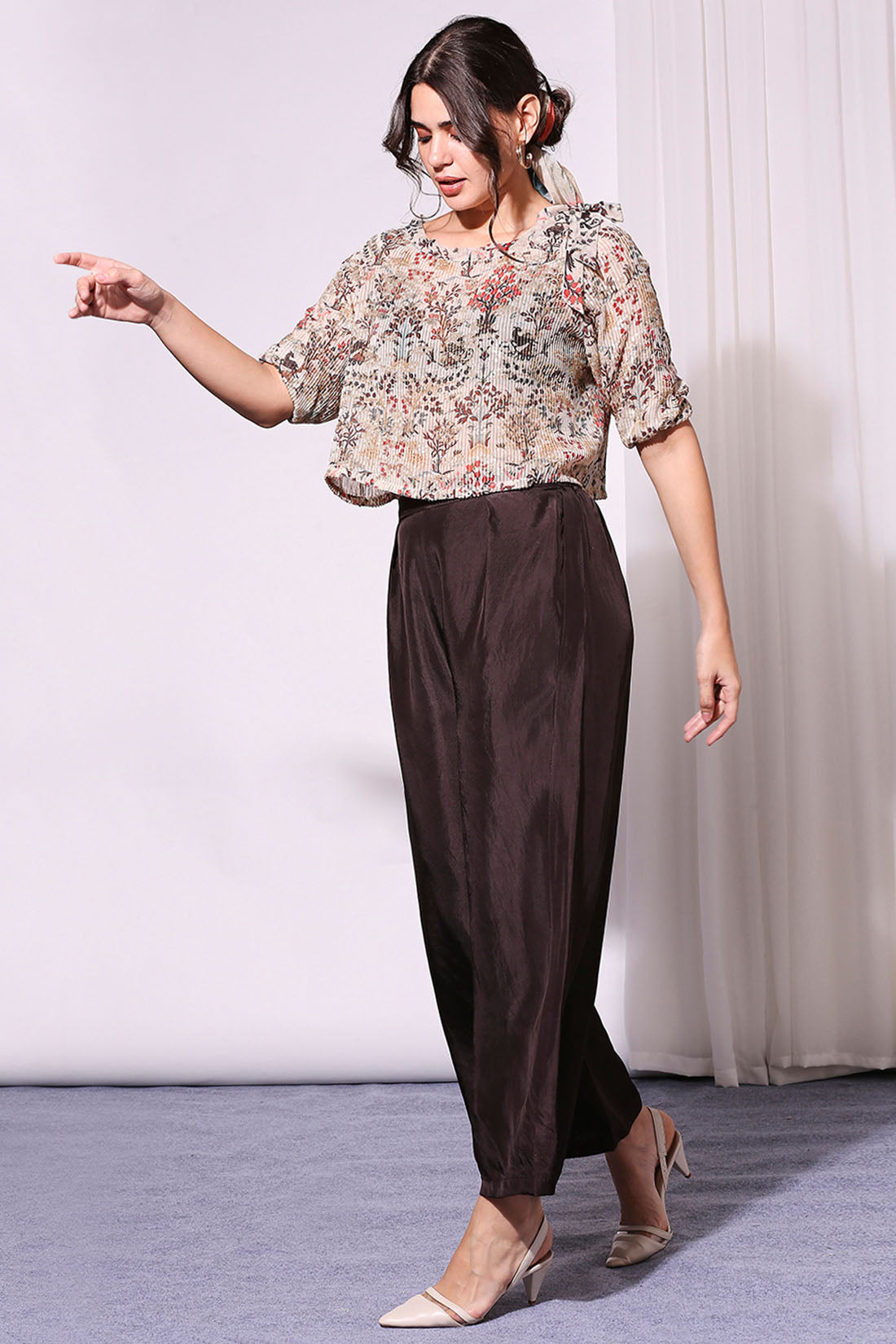 Printed Sequin Off-Shoulder Top Paired With Pants
