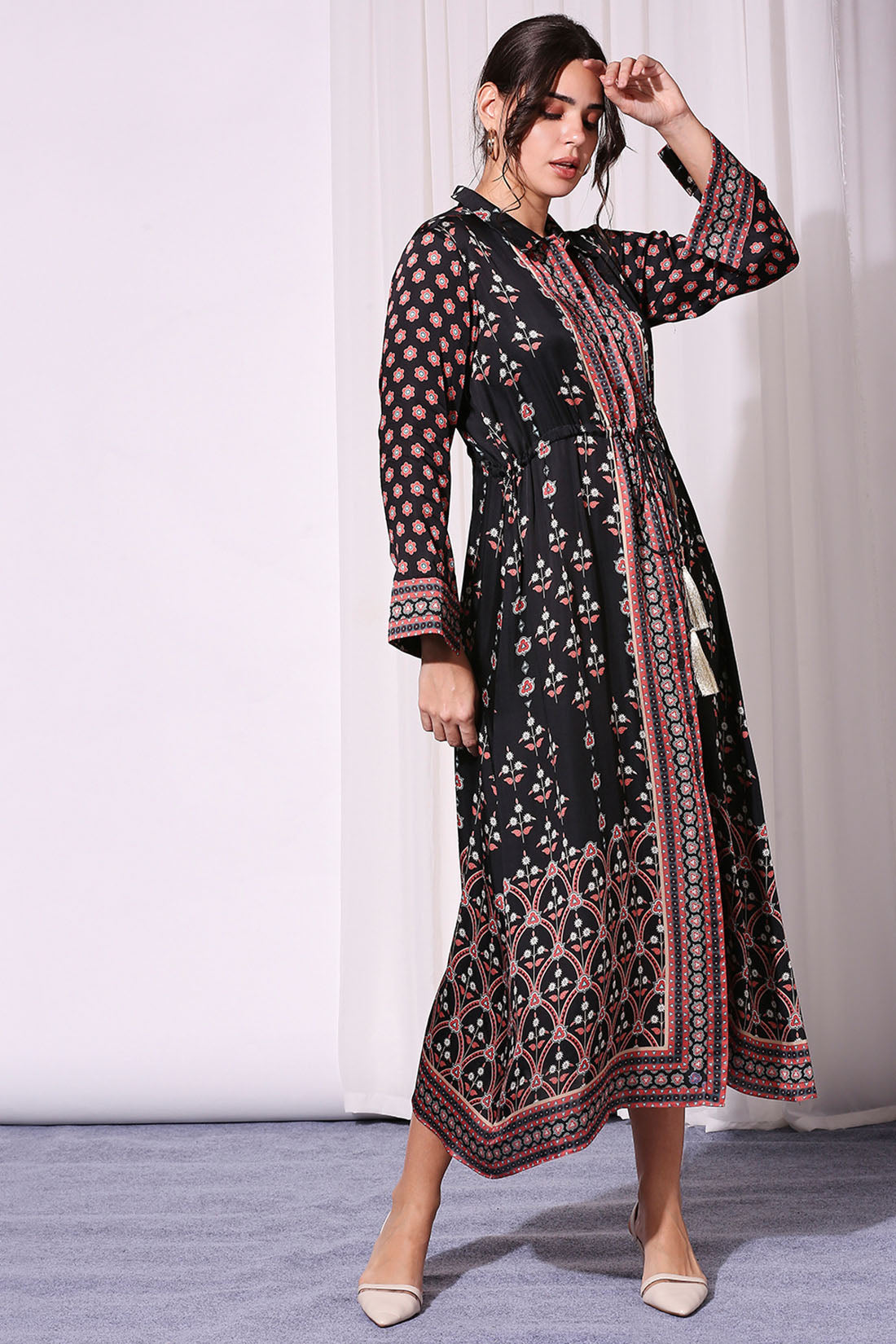 Black Ethnic Printed Dress With Waist Tie Up