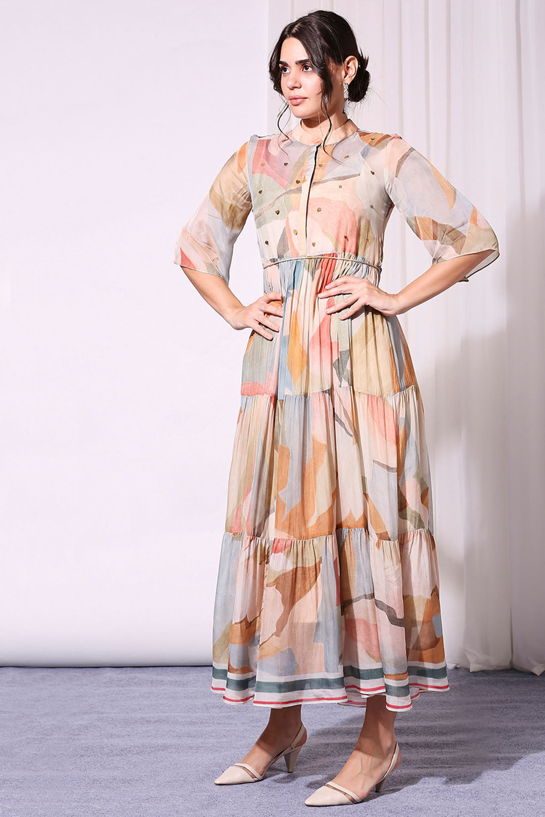 Pastel Coloured Conversational Printed Tiered Dress