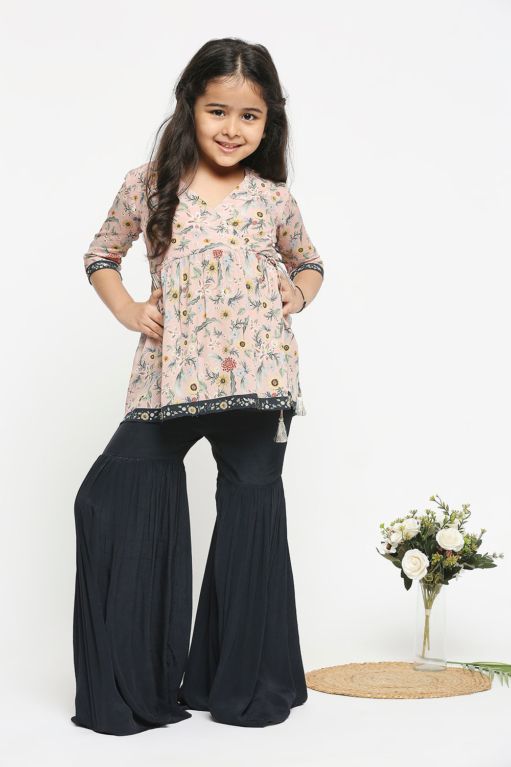 Gulista Floral Printed Overlap Top Paired With Sharara Pants