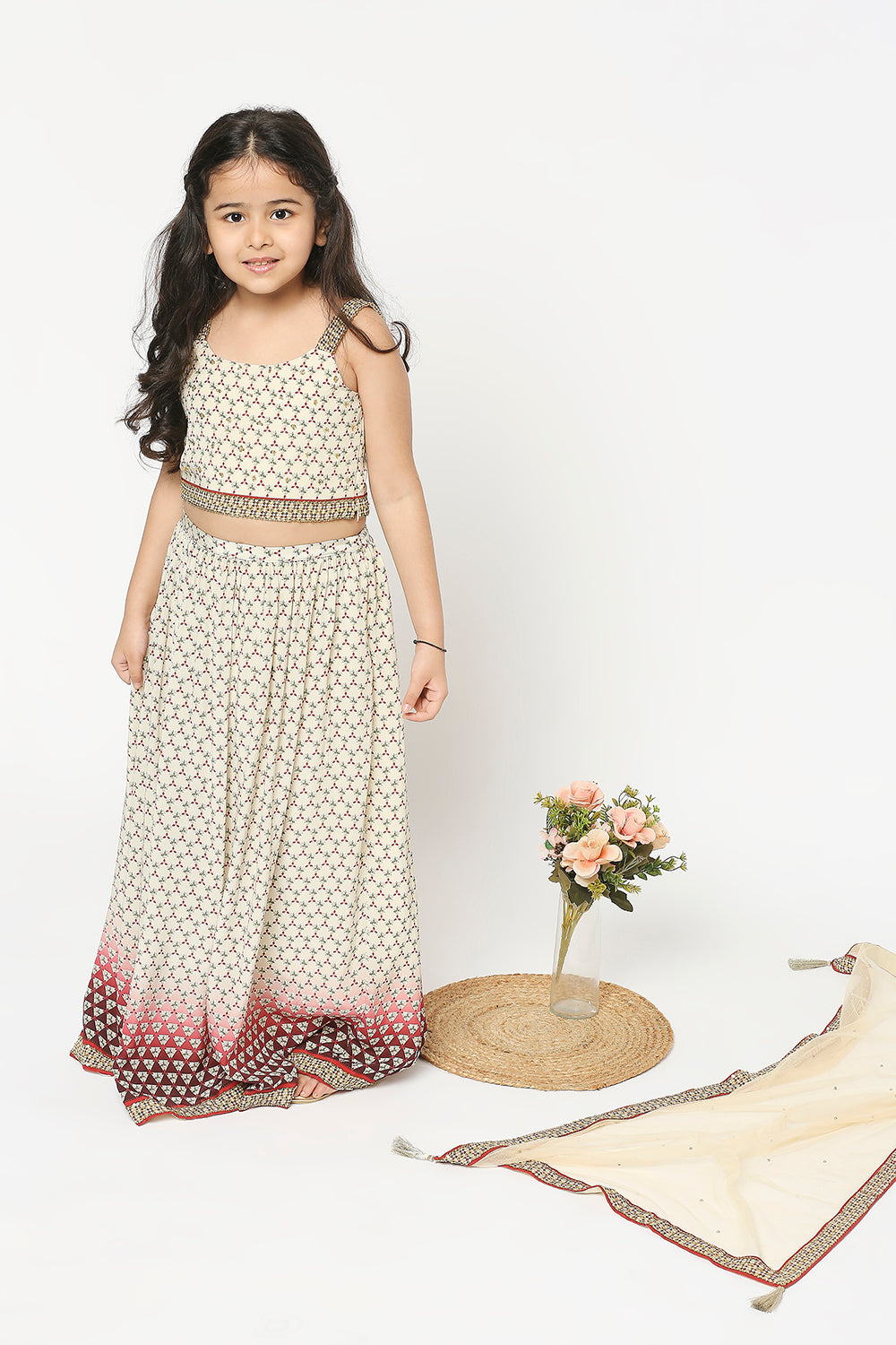 Applique Geometric Printed Lehenga Paired With Crop Top And Net Dupatta