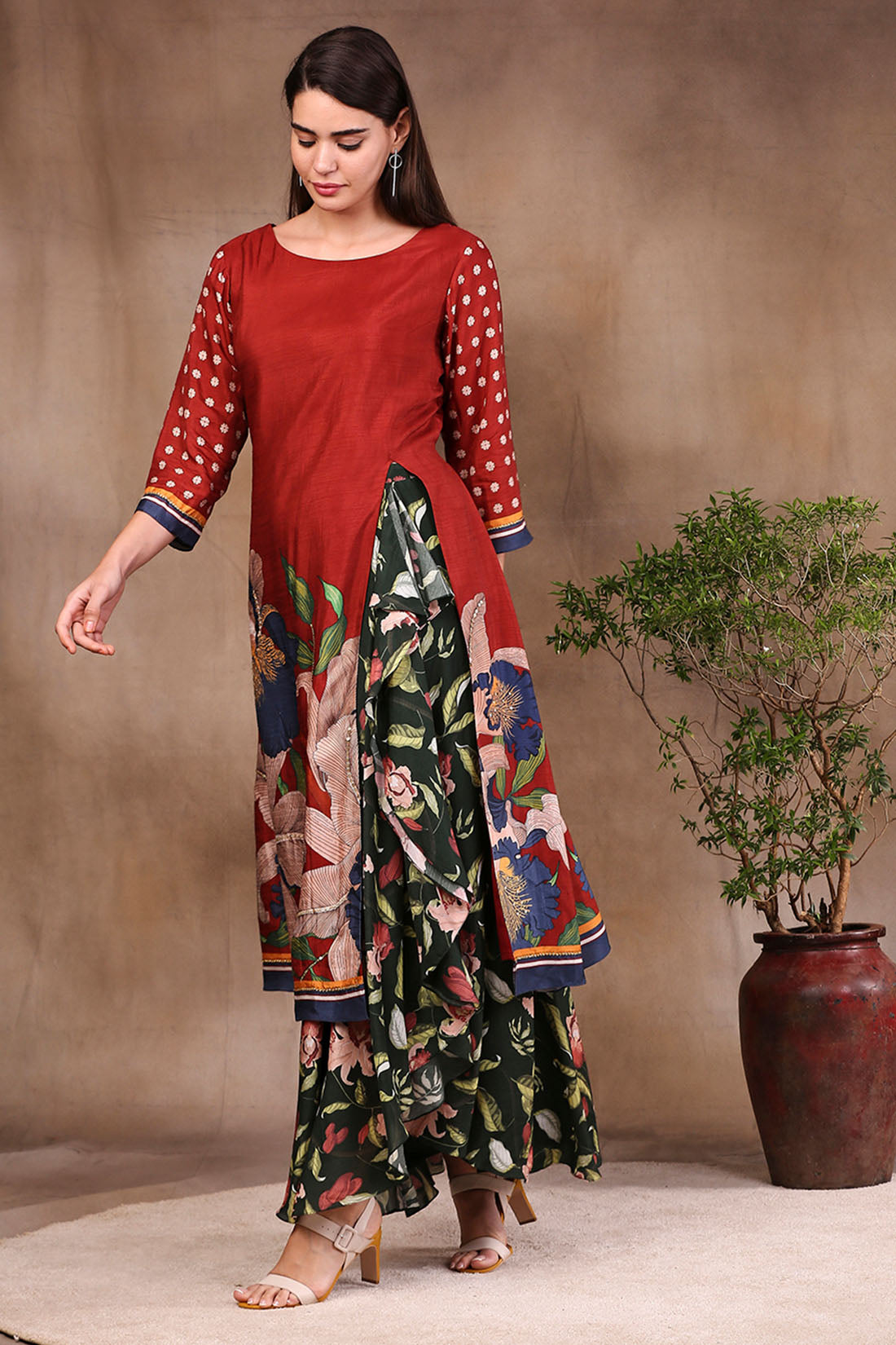 Red Orchid Bloom Printed Kurta With Draped Pants