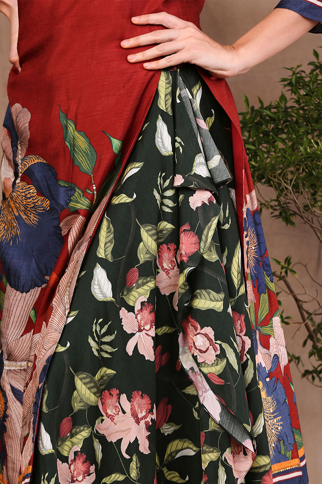 Red Orchid Bloom Printed Kurta With Draped Pants