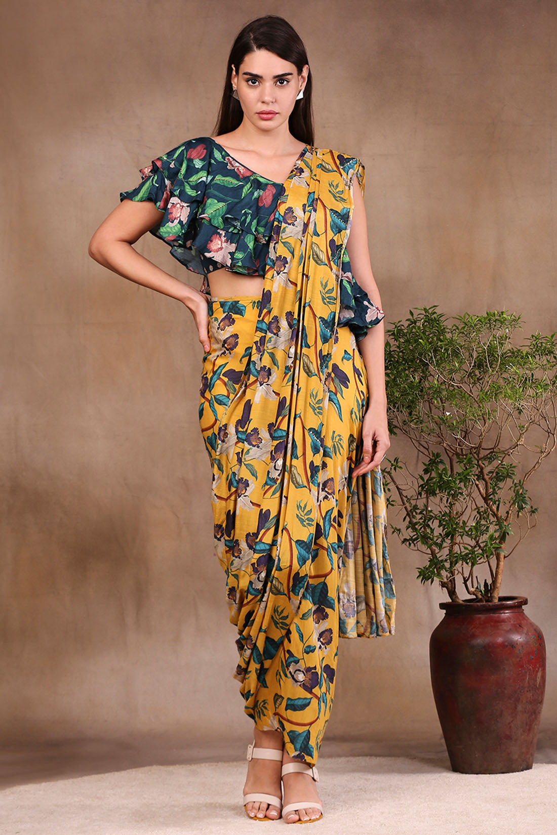 Orchid Bloom Printed Pre-Stitched Saree With Crop Top