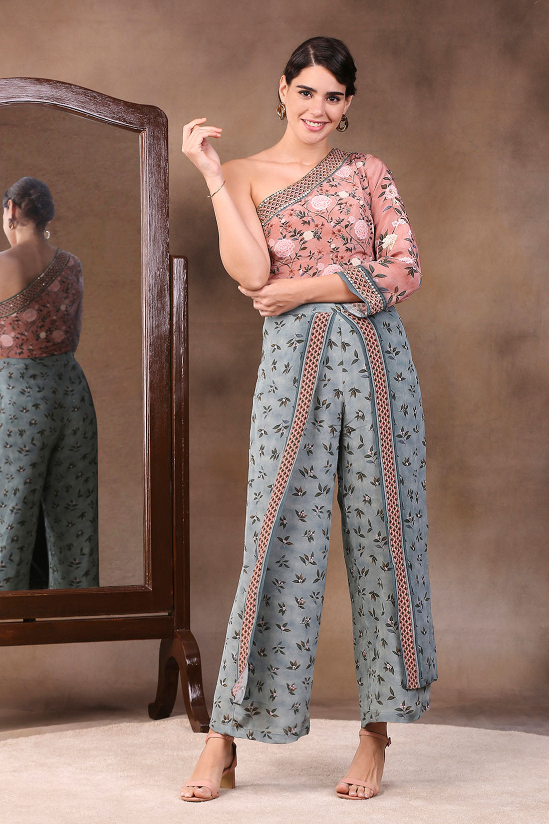 Vintage Trails Printed One Shoulder Embroidered Top With Pant