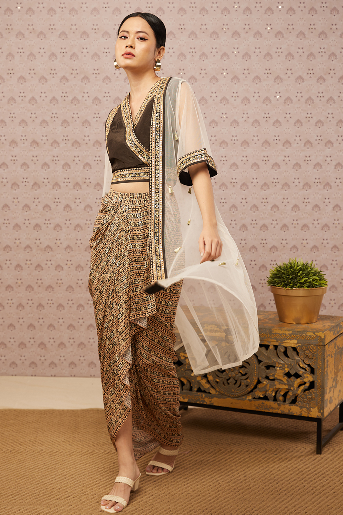 Sarouk Printed Drape Skirt Set With Jacket