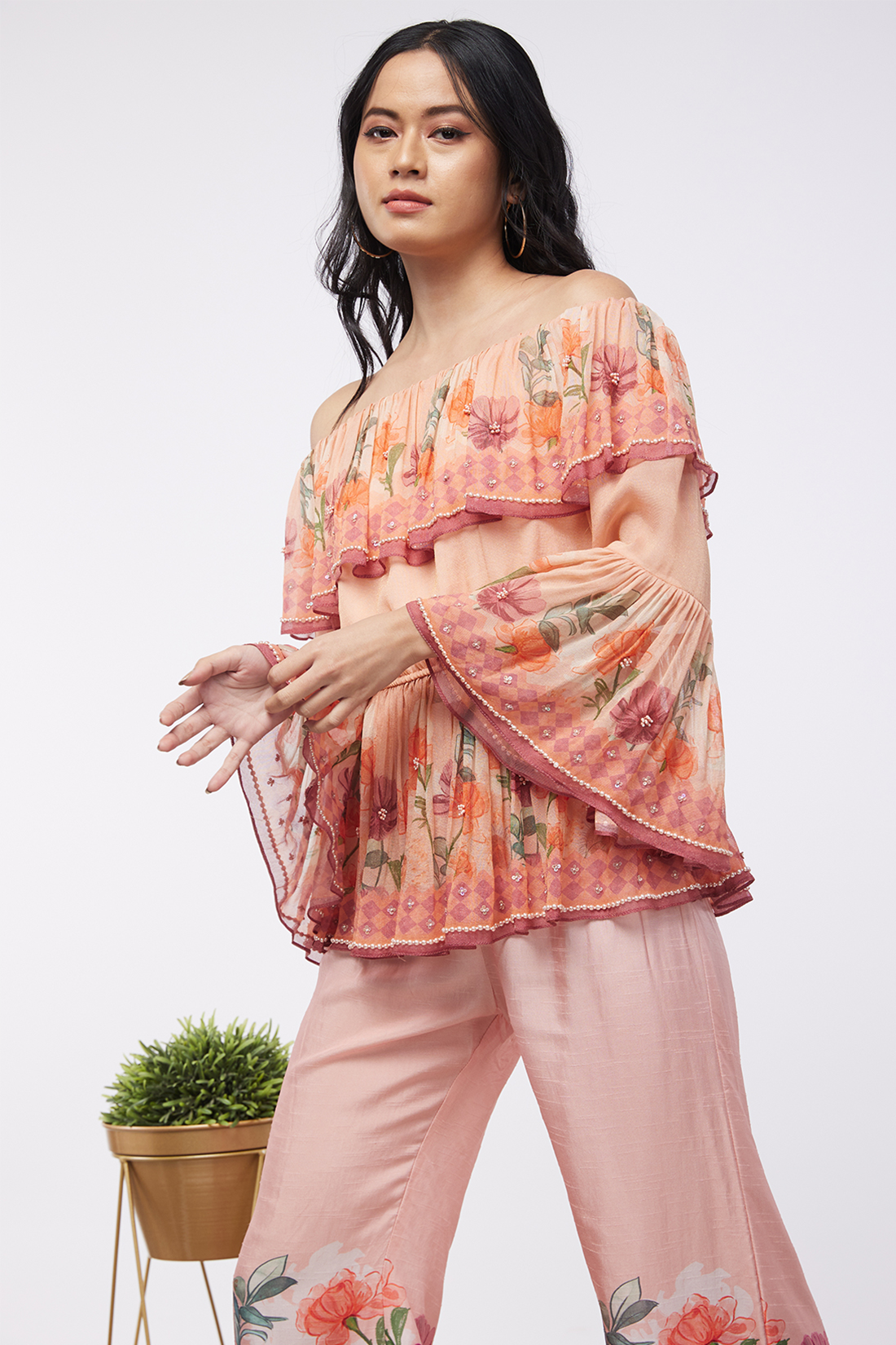 Blooming Bud Printed Off-Shoulder Embroidered Top With Flared Pants
