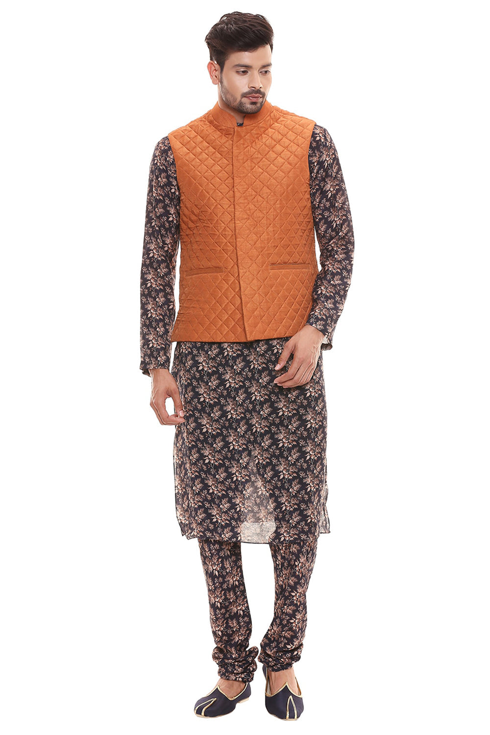 Applique Floral Kurta Set With Chudidaar And Quilted Sleeveless Jacket