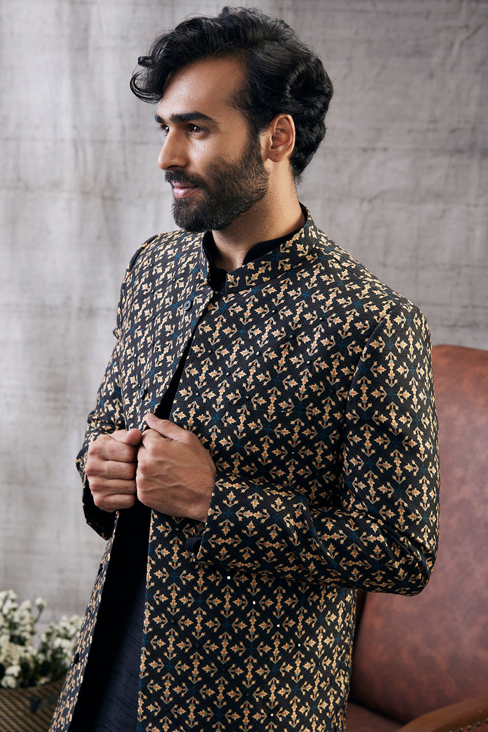 Zahra Printed Longline Jacket With Dhoti Set