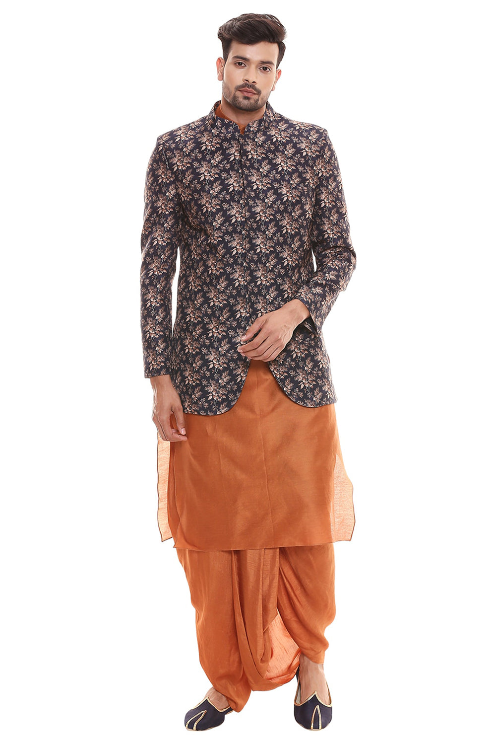 Rust Orange Collared Kurta With Dhoti Pants Paired With Applique Floral Jacket