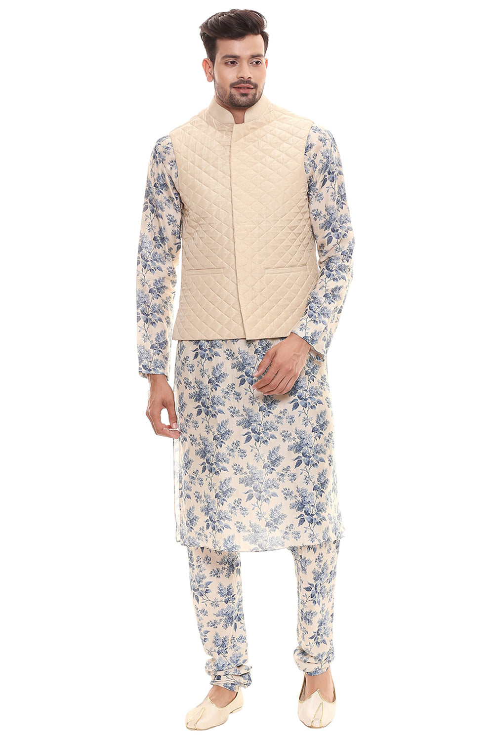 Applique Floral Kurta Set With Chudidaar And Quilted Sleeveless Jacket