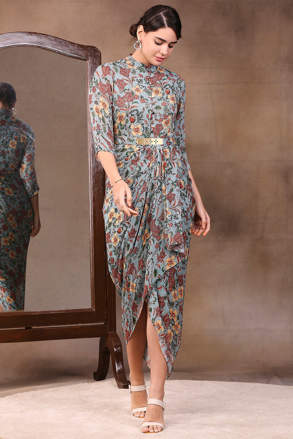 Azalea Printed Sequin Drape Dress With Metal Belt