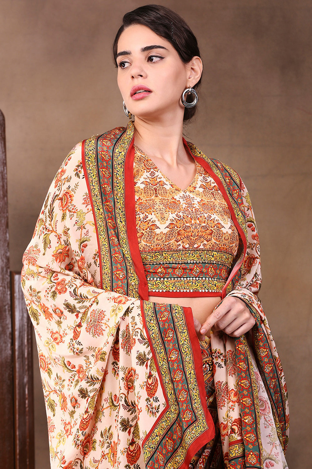 Ethnic Folklore Printed Drape Skirt Set With Dupatta
