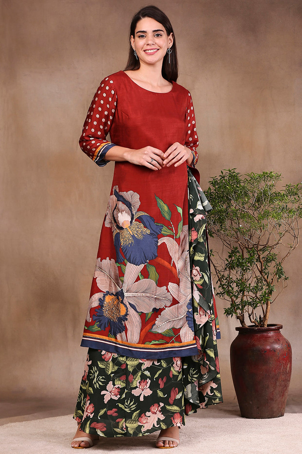 Red Orchid Bloom Printed Kurta With Draped Pants