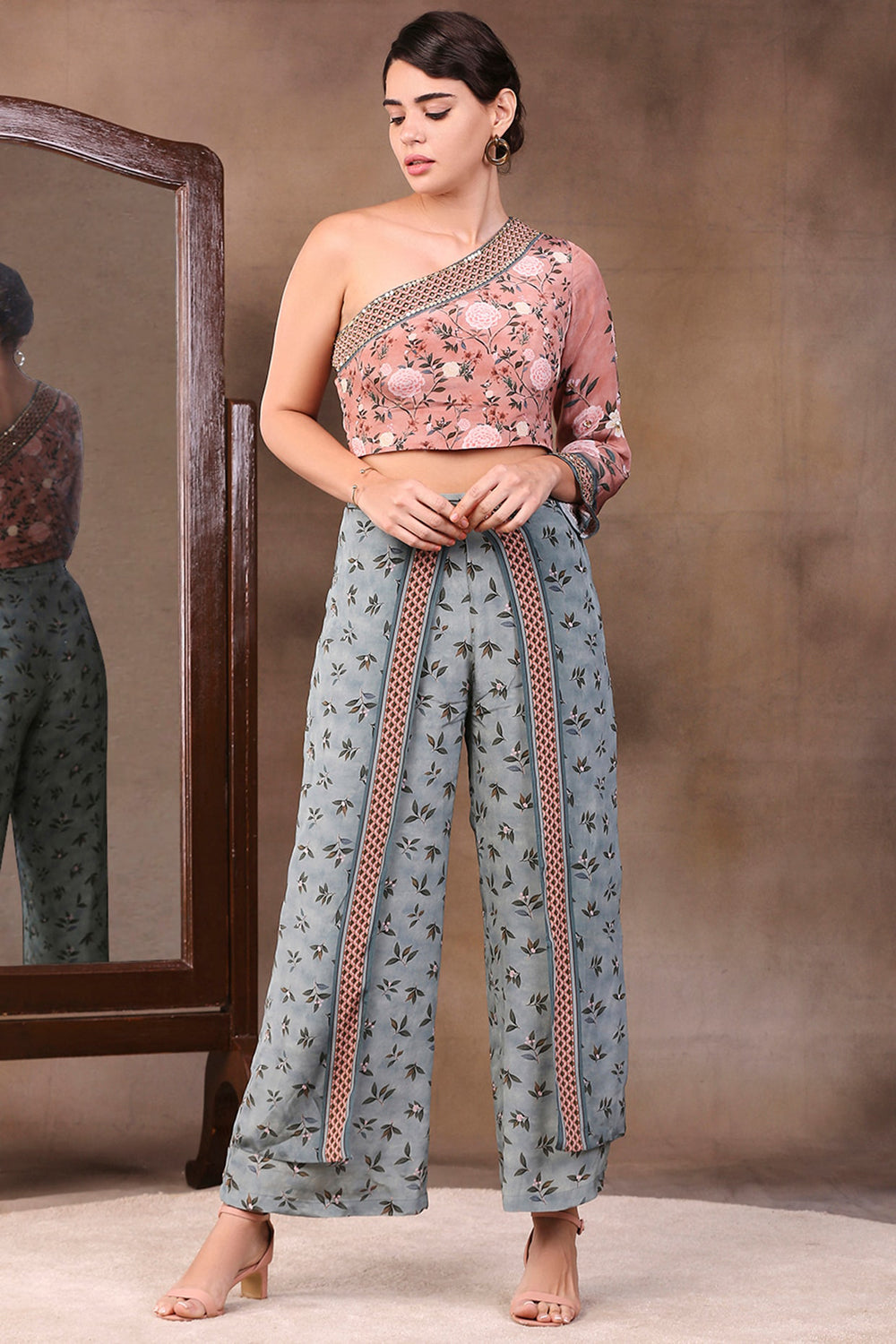 Vintage Trails Printed One Shoulder Embroidered Top With Pant