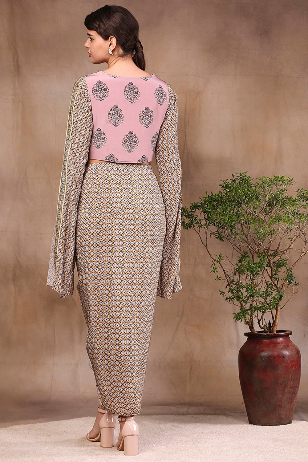 Muasir Printed Drape Skirt With Embroidered Top