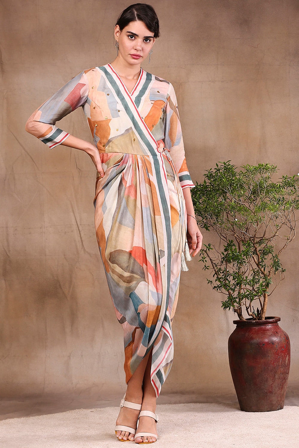 Multi Colour Conversational Printed Overlap Drape Dress