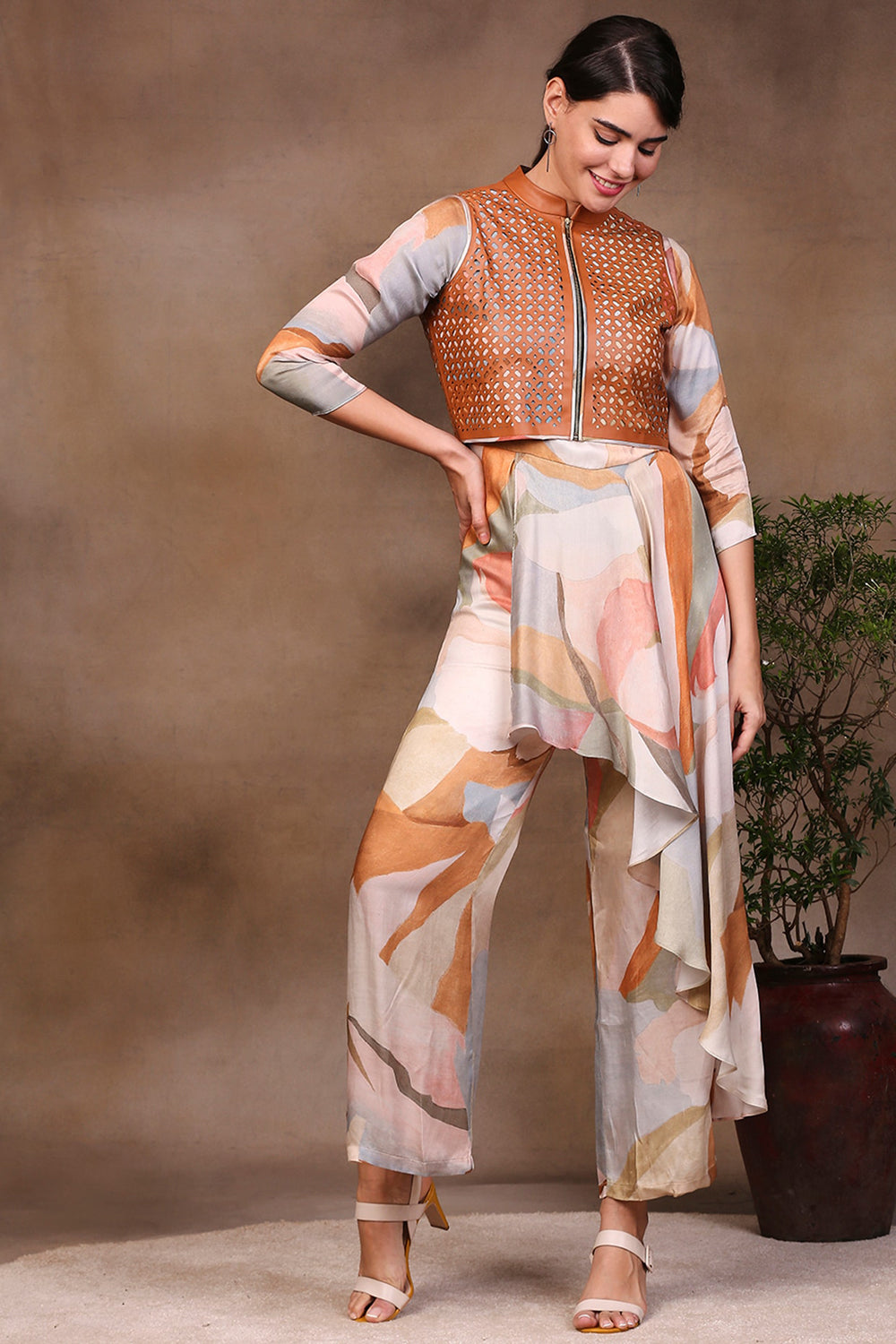 Conversational Printed Jumpsuit With Leather Jacket