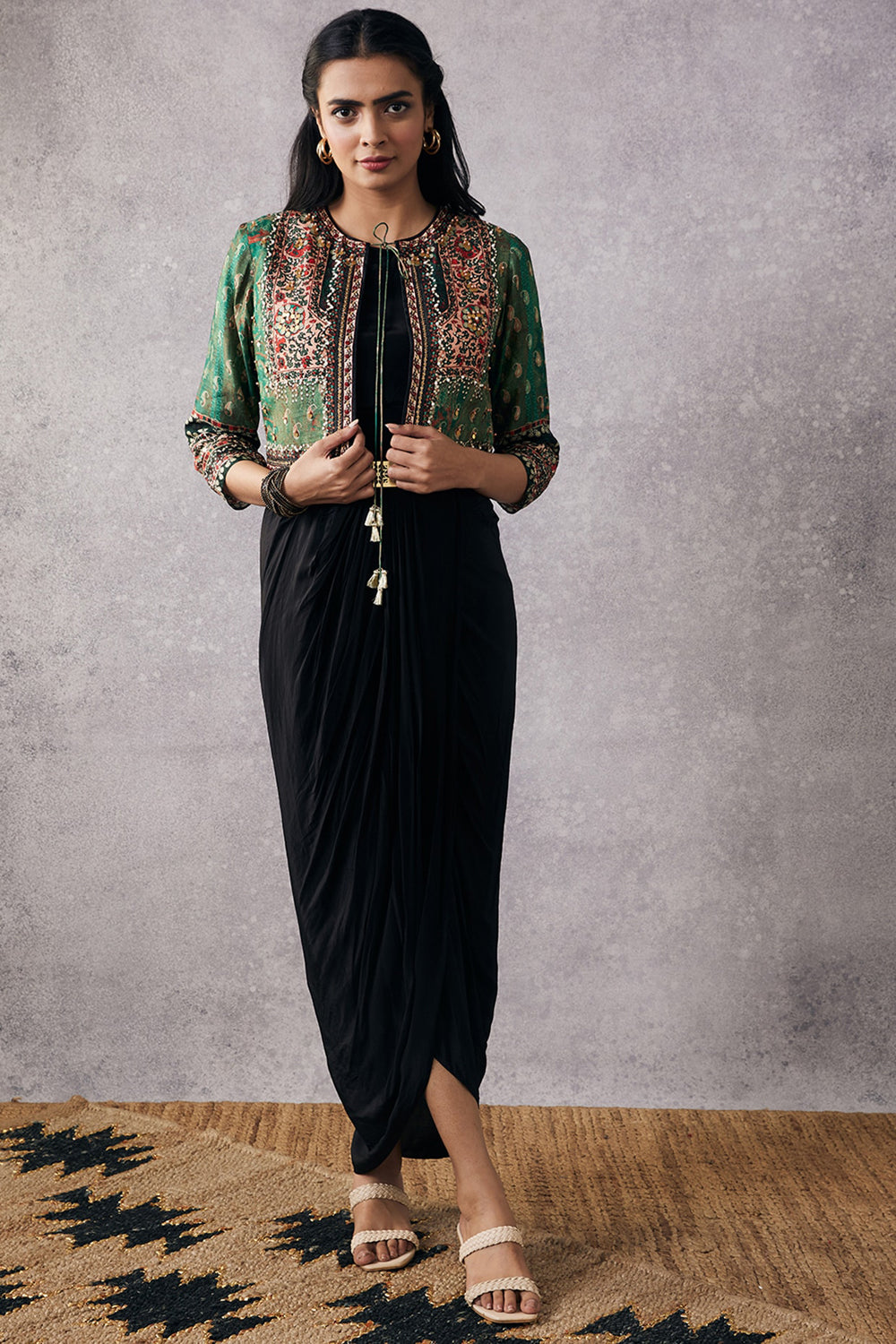 green emerald velvet dress Solid A-Line Midi Dress with Floral Thread Work Embroidered Jacket