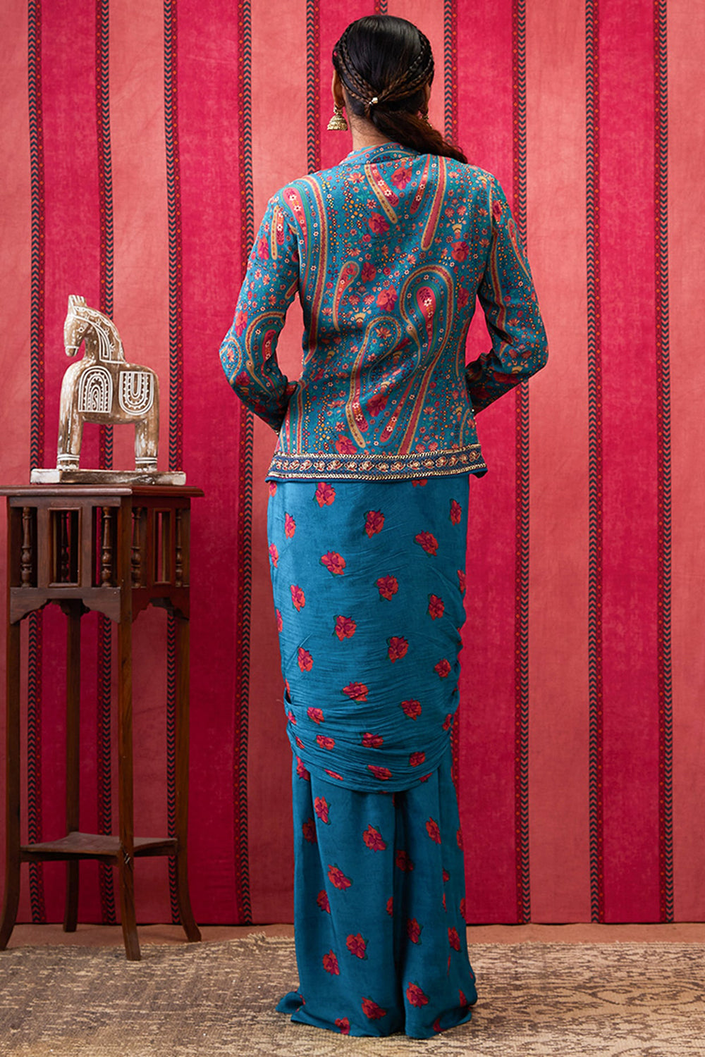 Qala Printed Drape Skirt With Embroidered Top