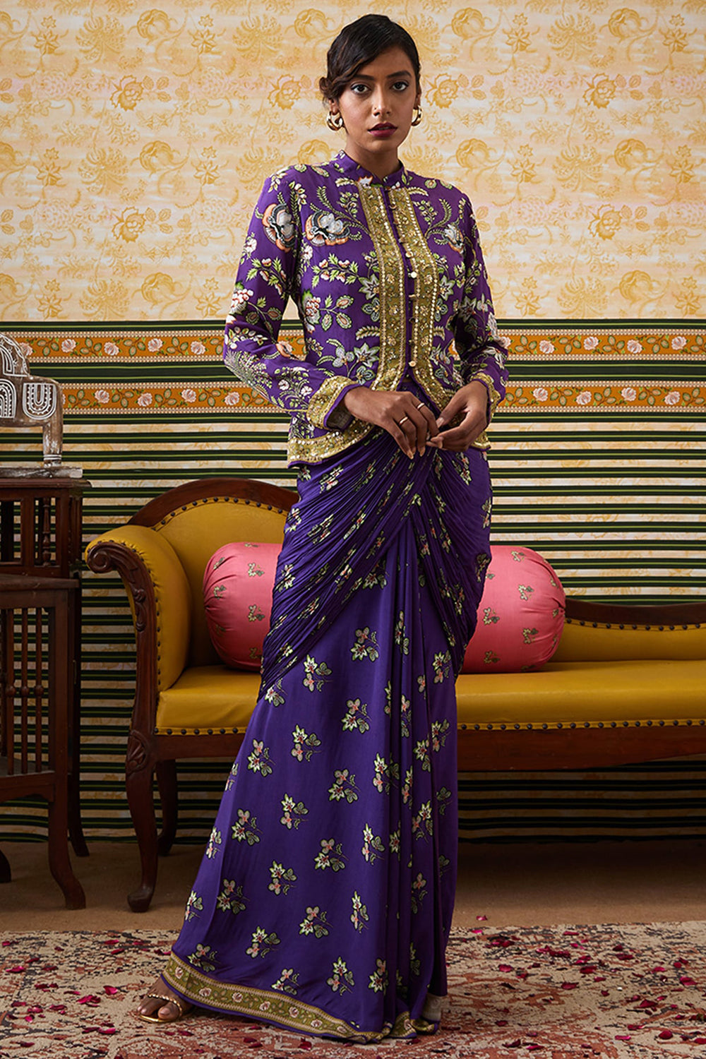 Mehr Embroidered Jacket With Drape Skirt