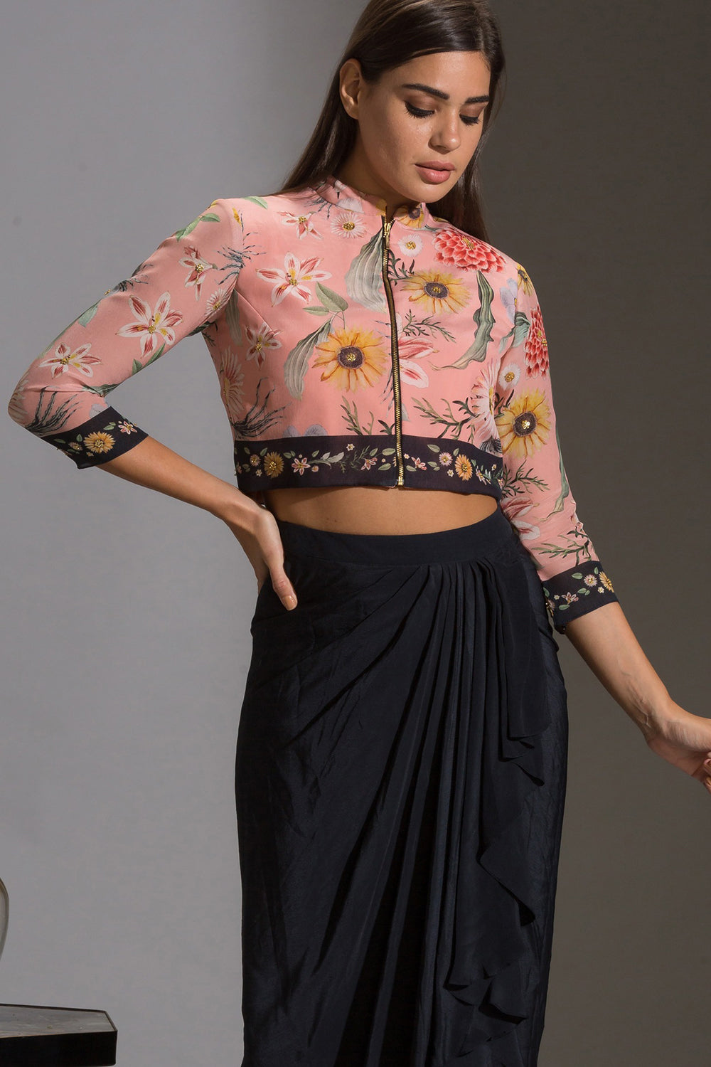 Gulista Floral Zipper Jacket With Draped Skirt
