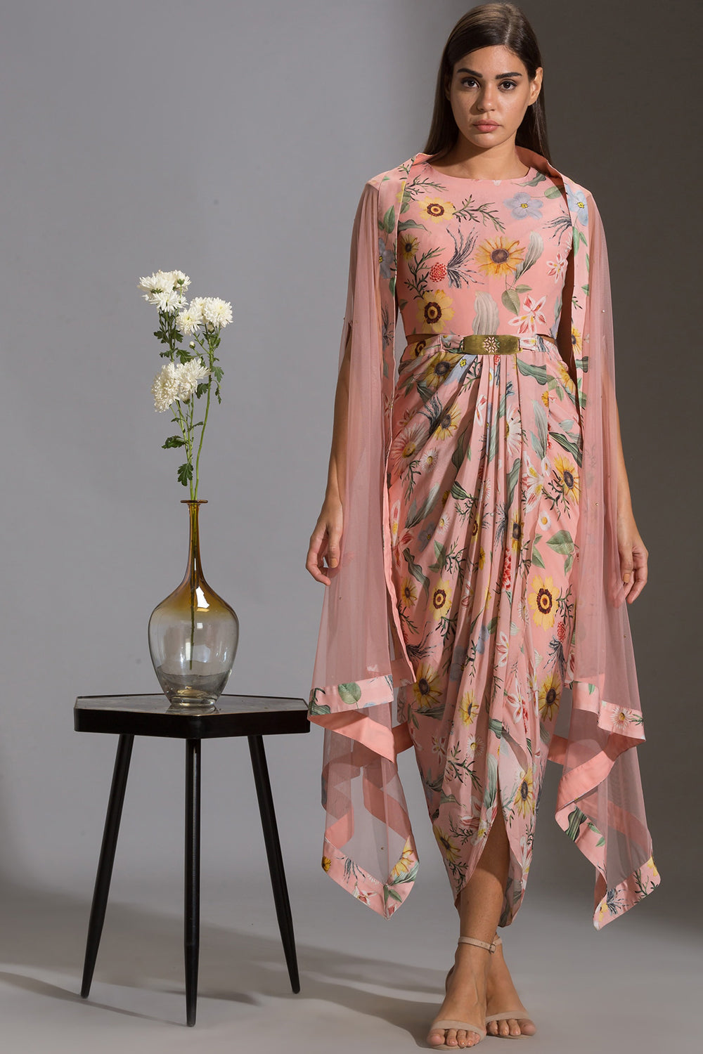 Gulista Floral Drape Dress And Net Cape
