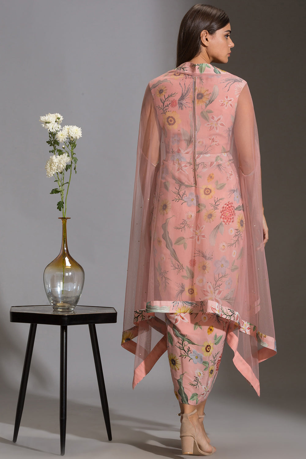 Gulista Floral Drape Dress And Net Cape