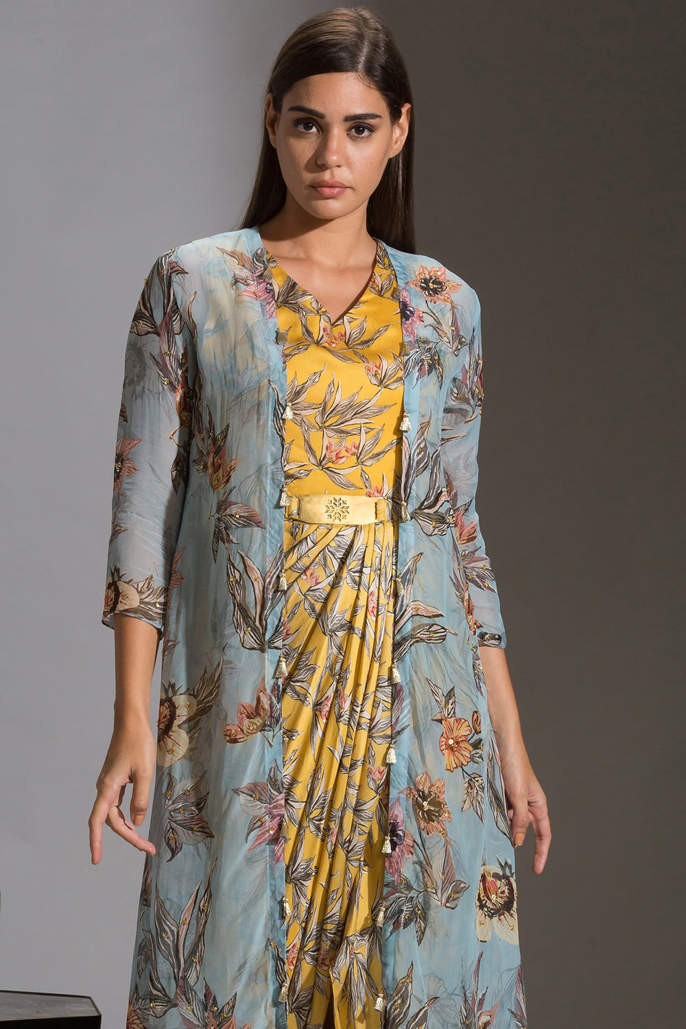 Anthia Floral Printed Drape Dress With Jacket
