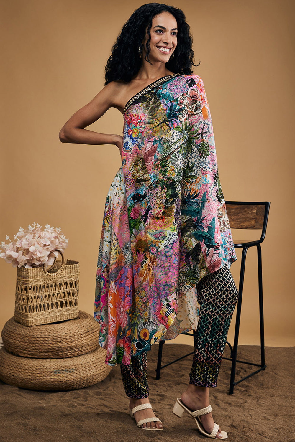 Tropical Twilight Printed One-Shoulder Kurta With Pants