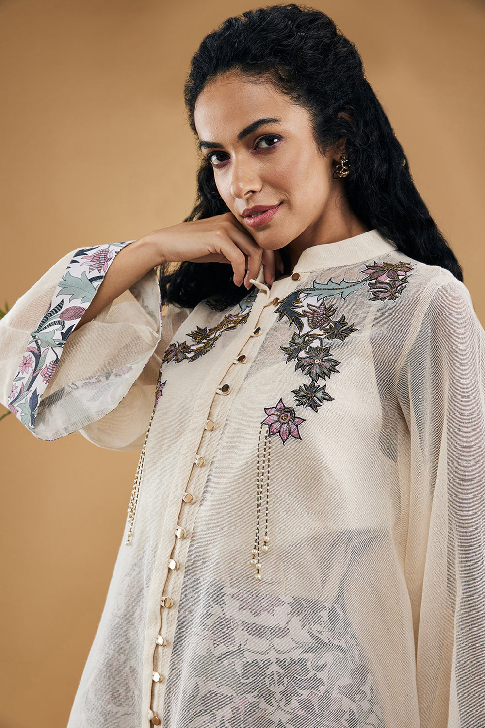 Off White Pastel Floral Applique Top With Pants