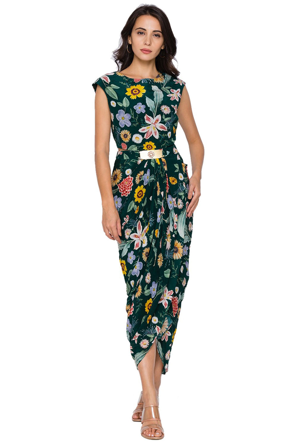 Gulista Drape Dress With Side Cuts And Golden Metal Belt Paired With Net Cape