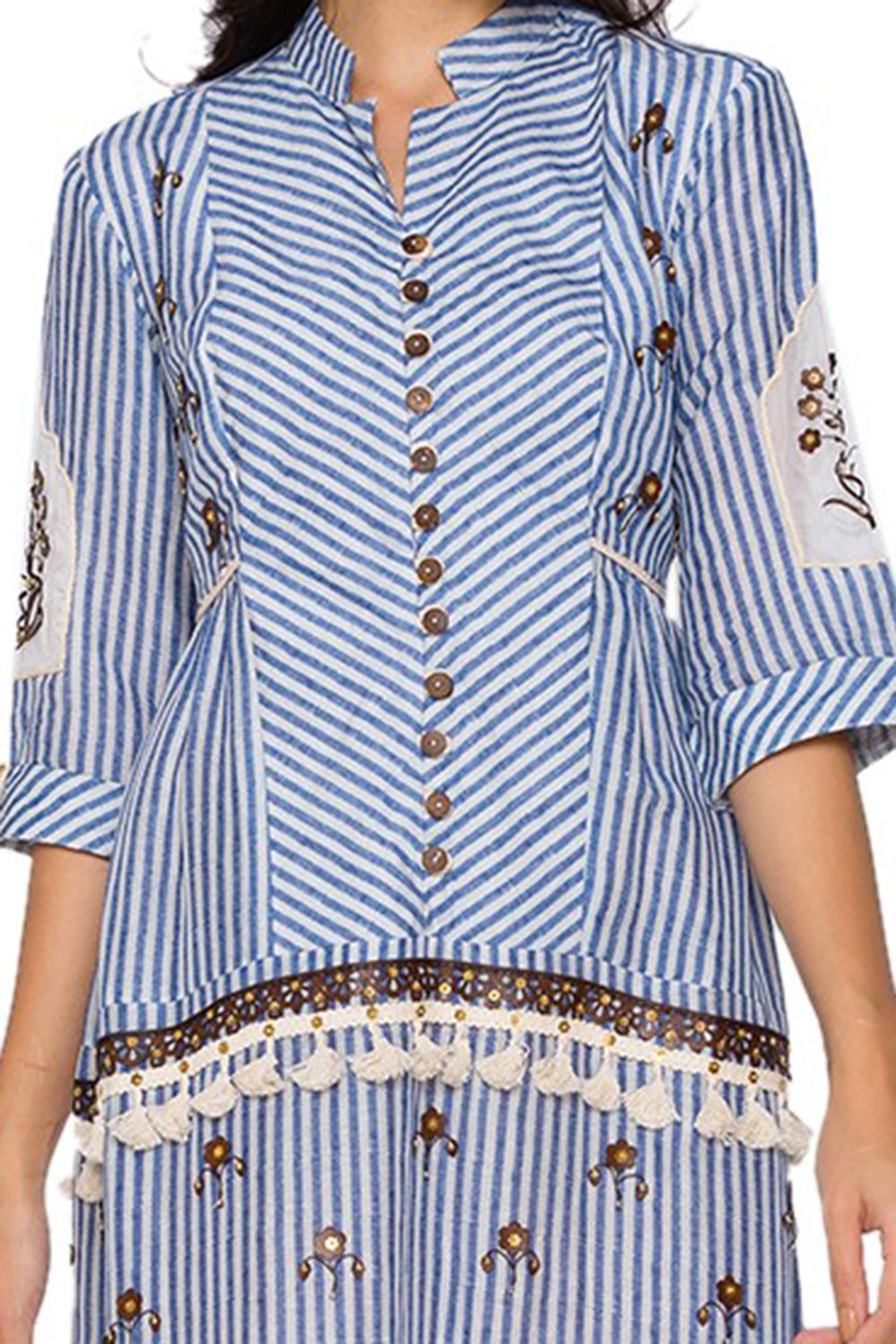 Sartorial Printed Short Tier Dress With Cutwork Leather Embroidery With Lace And Potli Buttons