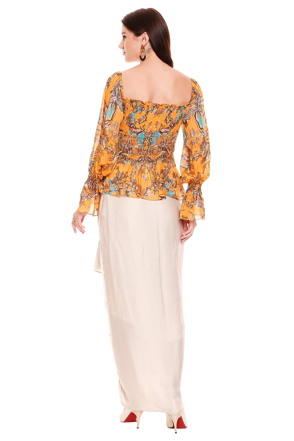 Printed Smocking Square Neck Top With Dhoti