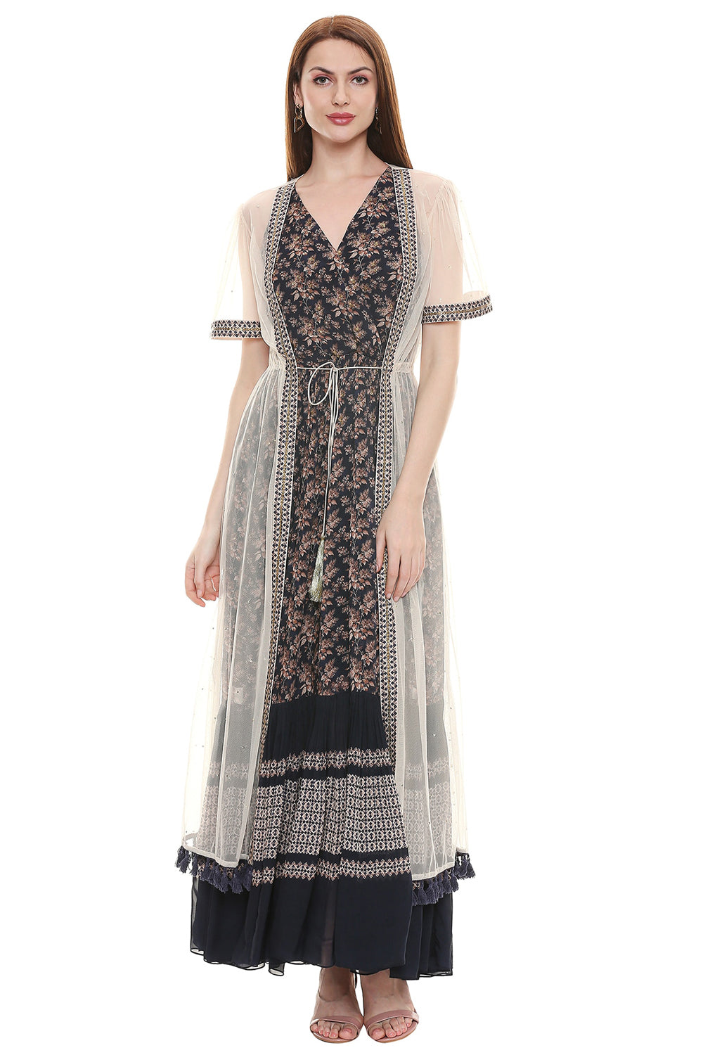 floral print long dress with net jacket
