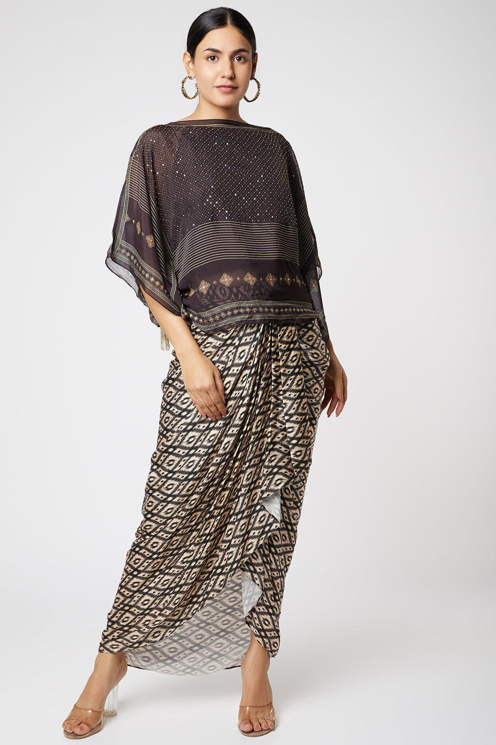 Afreen Printed Kaftaan With Drape Skirt