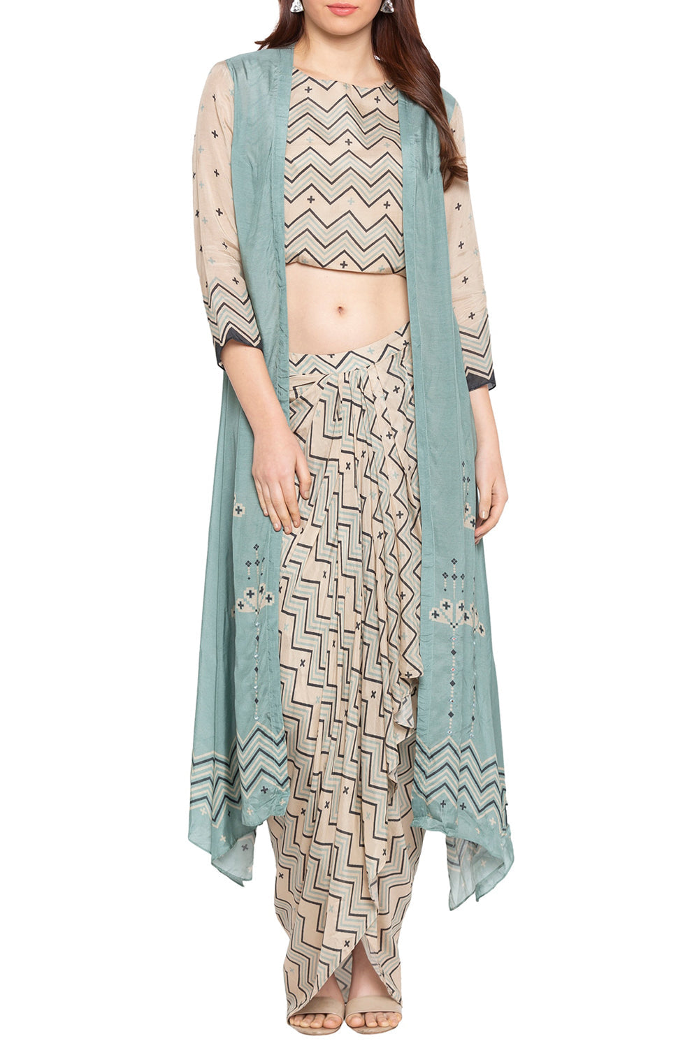 Azure Printed Skirt Set With Jacket