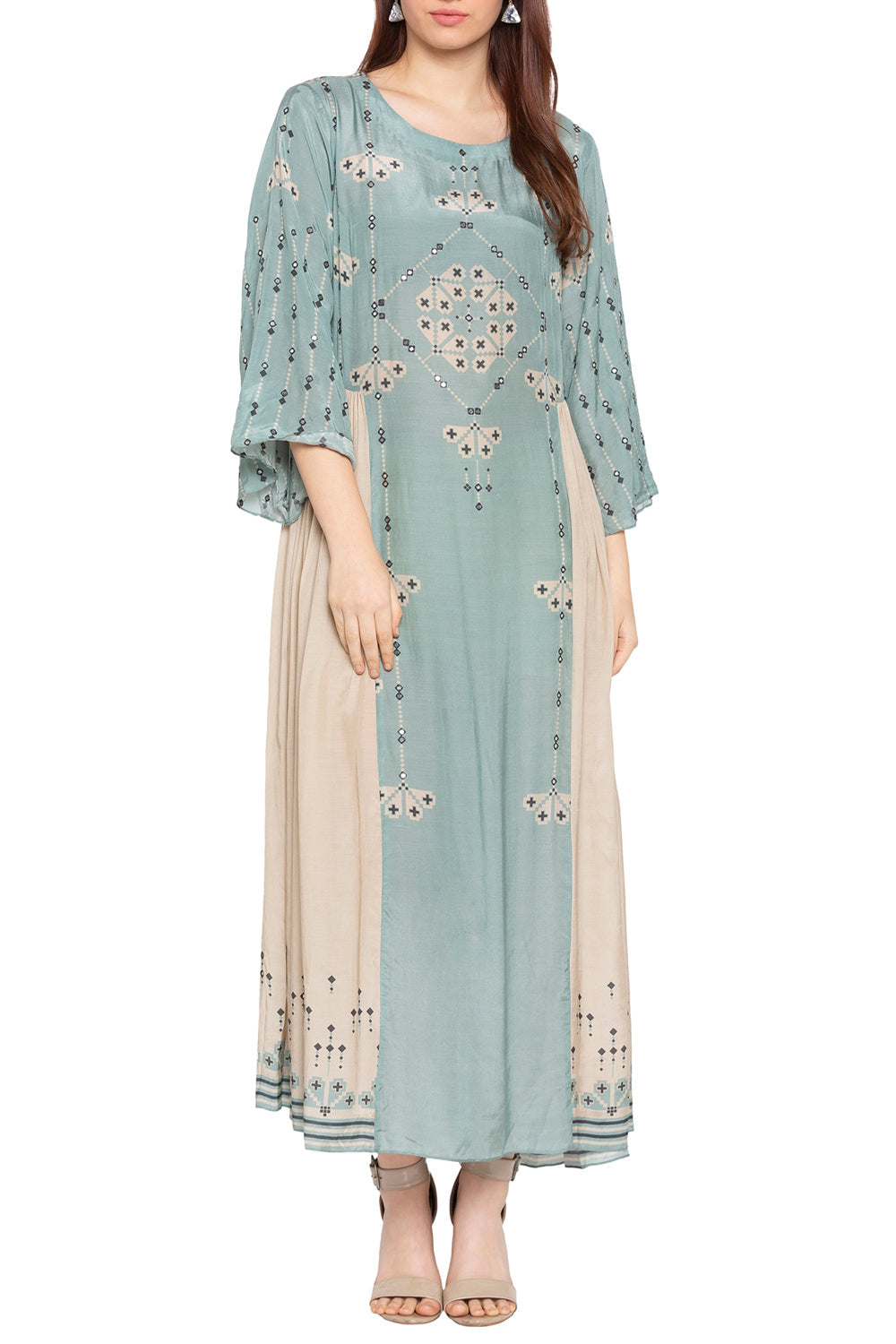Azure Printed Dress With Flared Sleeves