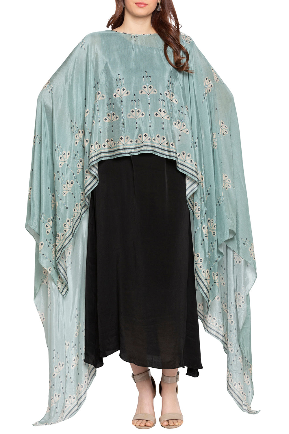 Azure Printed Dress With Cape