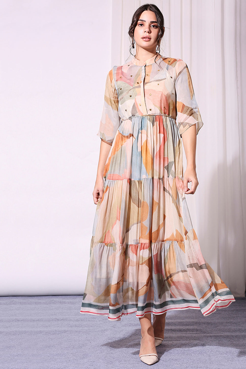 Pastel Coloured Conversational Printed Tiered Dress