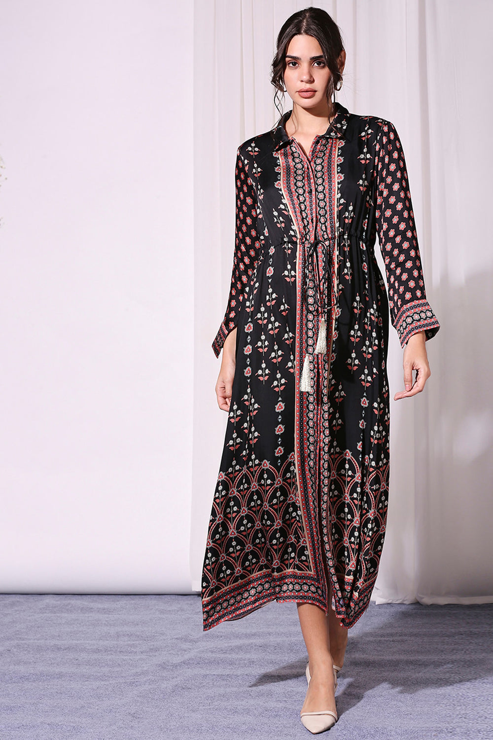 Black Ethnic Printed Dress With Waist Tie Up
