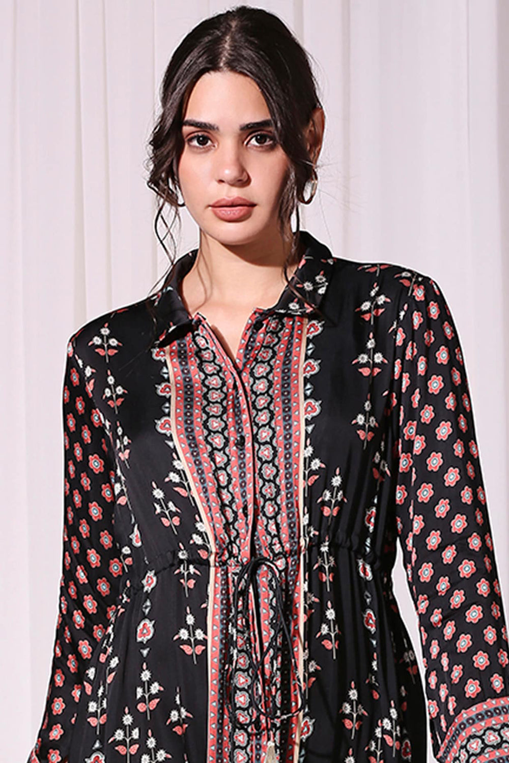 Black Ethnic Printed Dress With Waist Tie Up